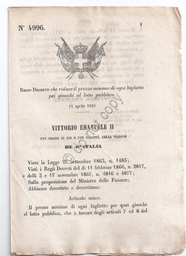 Regio Decreto 1869 biglietto Giuochi del lotto pubblico 4996