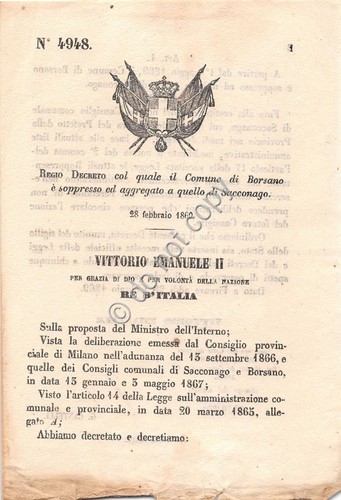 Regio Decreto 1869 Borsano aggregato a Sacconago 4948