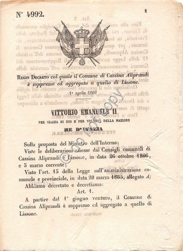Regio Decreto 1869 Cassina Aliprandi aggregato a Lissone 4992