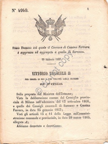 Regio Decreto 1869 Cassina Ferrara aggregato a Saronno 4949