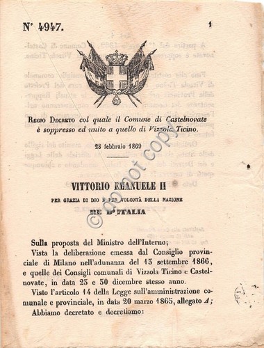 Regio Decreto 1869 Castelnovate aggregato a Vizzola Ticino 4947