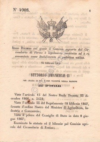 Regio Decreto 1869 Comizio agrario di Fermo Stabilimento pubblica utilità …