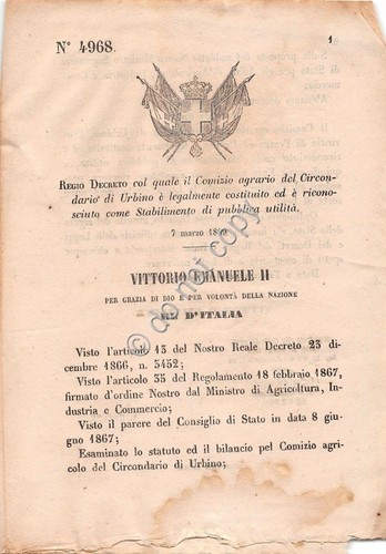 Regio Decreto 1869 Comizio agrario Urbino riconosciuto pubblica util. 4968