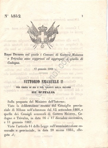 Regio Decreto 1869 Comuni di Gattera Maiocca Trivulza con Codogno …