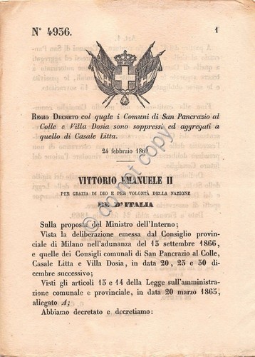 Regio Decreto 1869 Comuni di S.Pancrazio e Villa Dosia uniti …