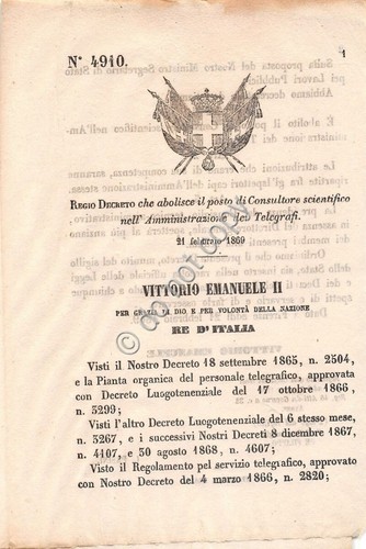 Regio Decreto 1869 Consultore scientifico Amministrazione Telegrafi 4911
