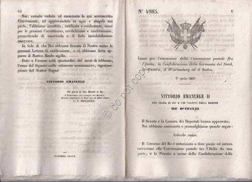 Regio Decreto 1869 Convenzione postale Italia e Germania del Nord, …
