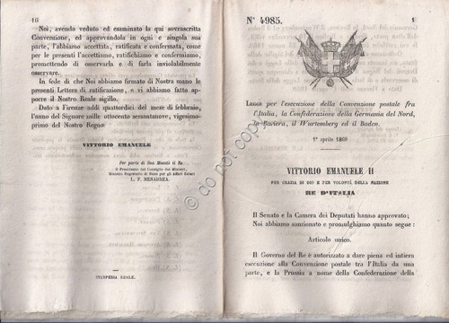 Regio Decreto 1869 Convenzione postale Italia e Germania del Nord, …