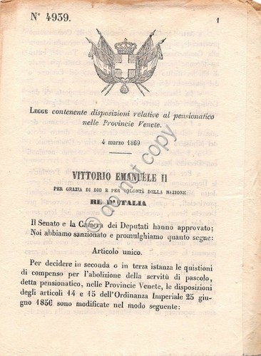 Regio Decreto 1869 Disposizioni pensionatico Provincie Venete storia Regno 4939