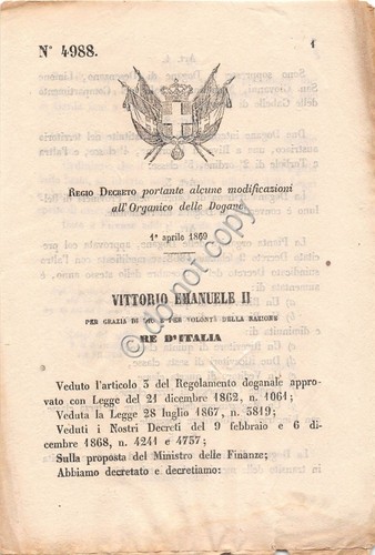 Regio Decreto 1869 Dogane Modificazioni all'Organico 4988