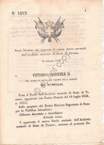 Regio Decreto 1869 Firenze Ruolo normale dell'Archivio di Stato 4972