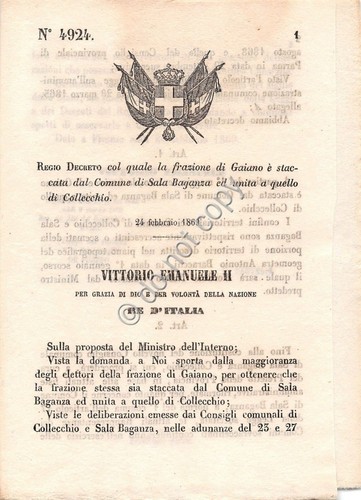 Regio Decreto 1869 Fraz Gaiano staccata da Sala Baganza unita …