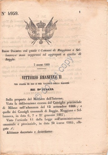Regio Decreto 1869 Muggiano e Sellannova aggregati a Baggio 4959