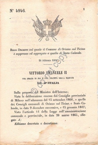 Regio Decreto 1869 Oriano sul Ticino aggregato a Sesto Calende …