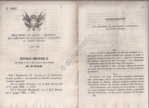 Regio Decreto 1869 Regolamento conferimento posti gratuiti nei Convitti naz …