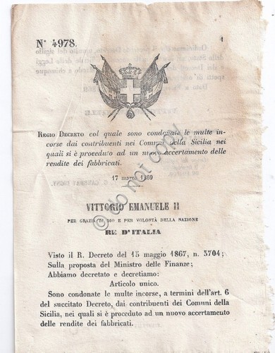 Regio Decreto 1869 Sicilia multe condonate accertamento rendita fabbricati 4978