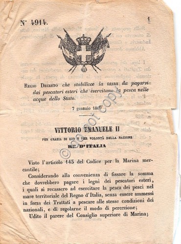 Regio Decreto 1869 Tassa per pescatori esteri per pesca nelle …
