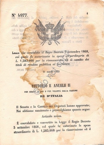 Regio Decreto 1869 Titoli di rendita pubblica rinnovazione 4977