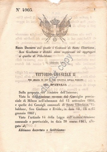 Regio Decreto 1869 VE II Sesto Ulteriano S.Giuliano Zivido con …