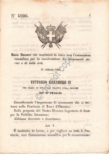 Regio Decreto 1869 VM II Lecce Commissione Consultiva monumenti belle …