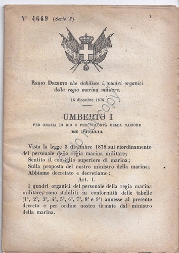 Regio Decreto 1878 - Umberto Regia Marina Militare quadri organici …