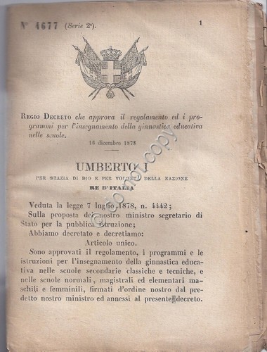 Regio Decreto 1878 -Umberto Ginnastica educativa nelle scuole 4677