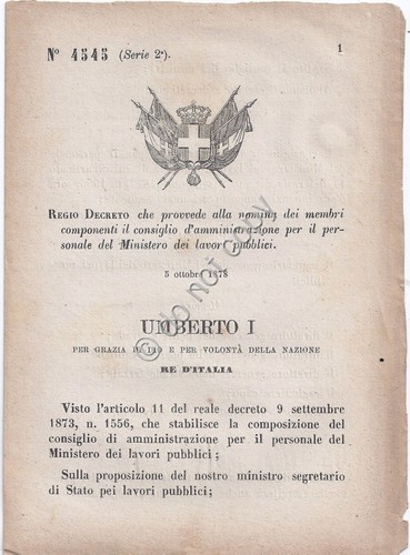 Regio Decreto 1878 -Umberto I Composizione consiglio ammin lavori pubblici …