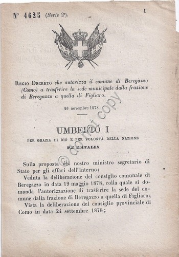 Regio Decreto 1878 Comune Beregazzo sede municipale a Figliaro 4625