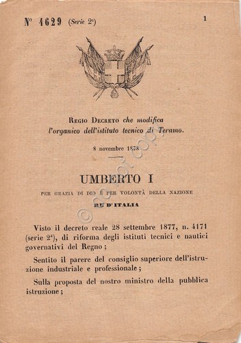 Regio Decreto 1878 Istituto Tecnico di Teramo modifica organico 4629