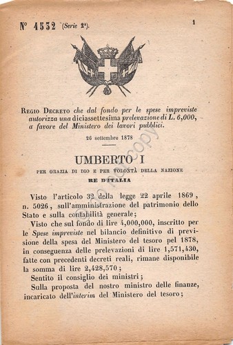 Regio Decreto 1878 Ministero Lavori Pubblici Prelevazione 4532
