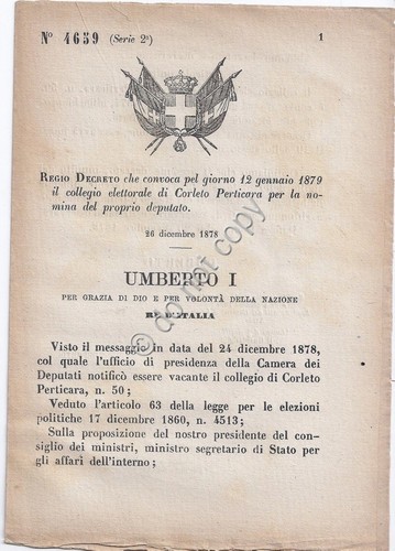 Regio Decreto 1878 Umberto I - Corleto Perticaria Nomina deputato …
