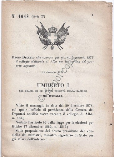 Regio Decreto 1878 Umberto I Alba Collegio elettorale 4648
