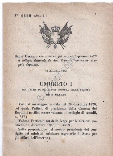 Regio Decreto 1878 Umberto I Amalfi Collegio elettorale 4650