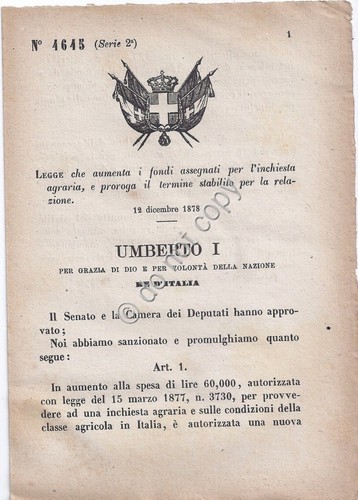 Regio Decreto 1878 Umberto I Condizioni della classe agricola in …