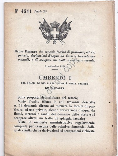 Regio Decreto 1878 Umberto I derivazioni d'acqua a uso privato …