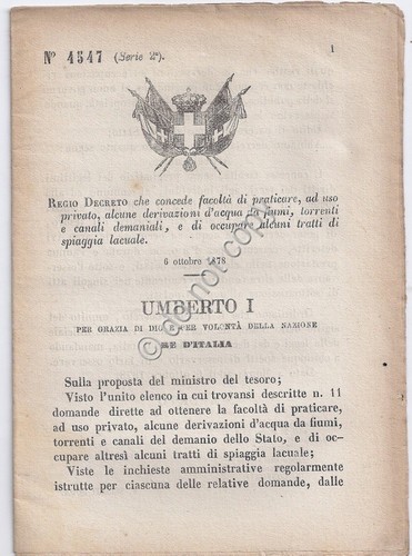 Regio Decreto 1878 Umberto I derivazioni d'acqua a uso privato …