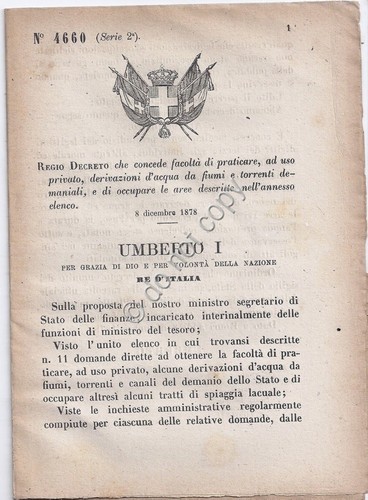 Regio Decreto 1878 Umberto I derivazioni d'acqua ad uso privato …