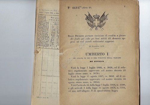 Regio Decreto 1878 Umberto I Elenco Enti Morali Ecclesiastici soppressi …