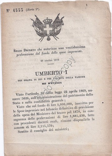 Regio Decreto 1878 Umberto I Fitto di locali 4553