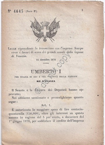 Regio Decreto 1878 Umberto I Impresa Scarpa Laguna di Venezia …