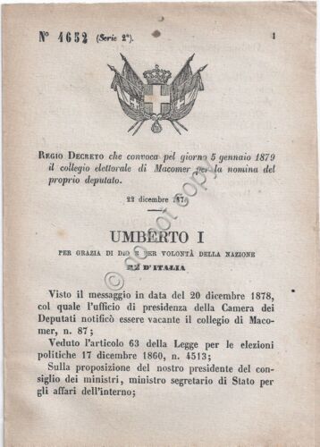 Regio Decreto 1878 Umberto I Macomer Collegio elettorale 4652