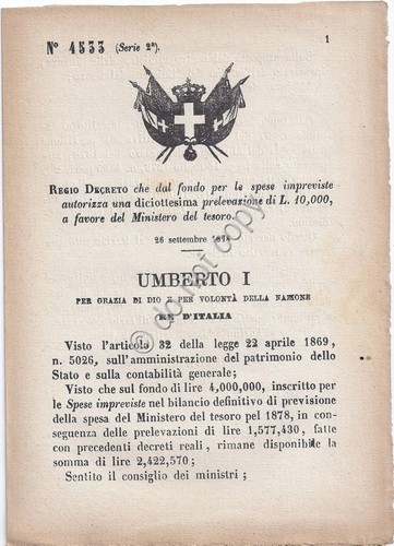 Regio Decreto 1878 Umberto I Ministero del tesoro Casuali 4533