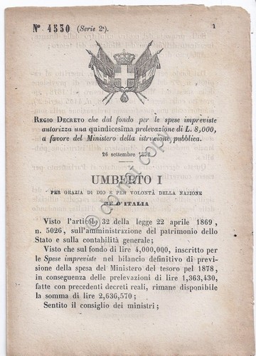 Regio Decreto 1878 Umberto I Ministero Pubblica Istruzione Incoraggiamento 4530