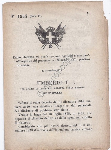 Regio Decreto 1878 Umberto I Ministero Pubblica Istruzione posti stipendi …