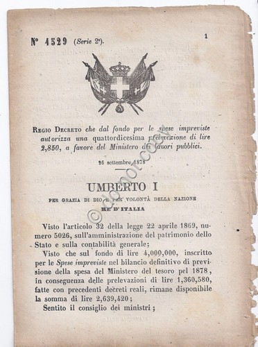 Regio Decreto 1878 Umberto I MLP Uffici postali Italiani all'estero …