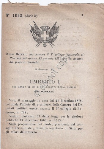 Regio Decreto 1878 Umberto I Palermo Nomina deputato 4658
