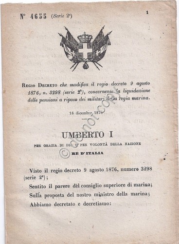 Regio Decreto 1878 Umberto I Pensione militari regia marina 4655