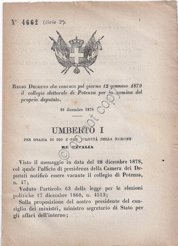 Regio Decreto 1878 Umberto I Potenza- Nomina deputato 4662