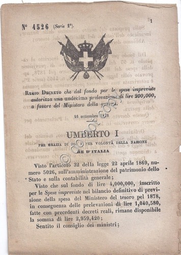 Regio Decreto 1878 Umberto I Prelevazione Ministero Guerra 4526