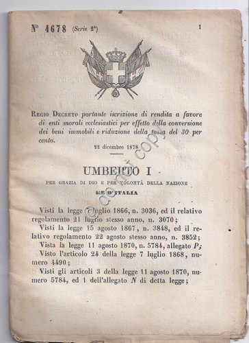 Regio Decreto 1878 Umberto I rendita enti morali ecclesiastici 4678